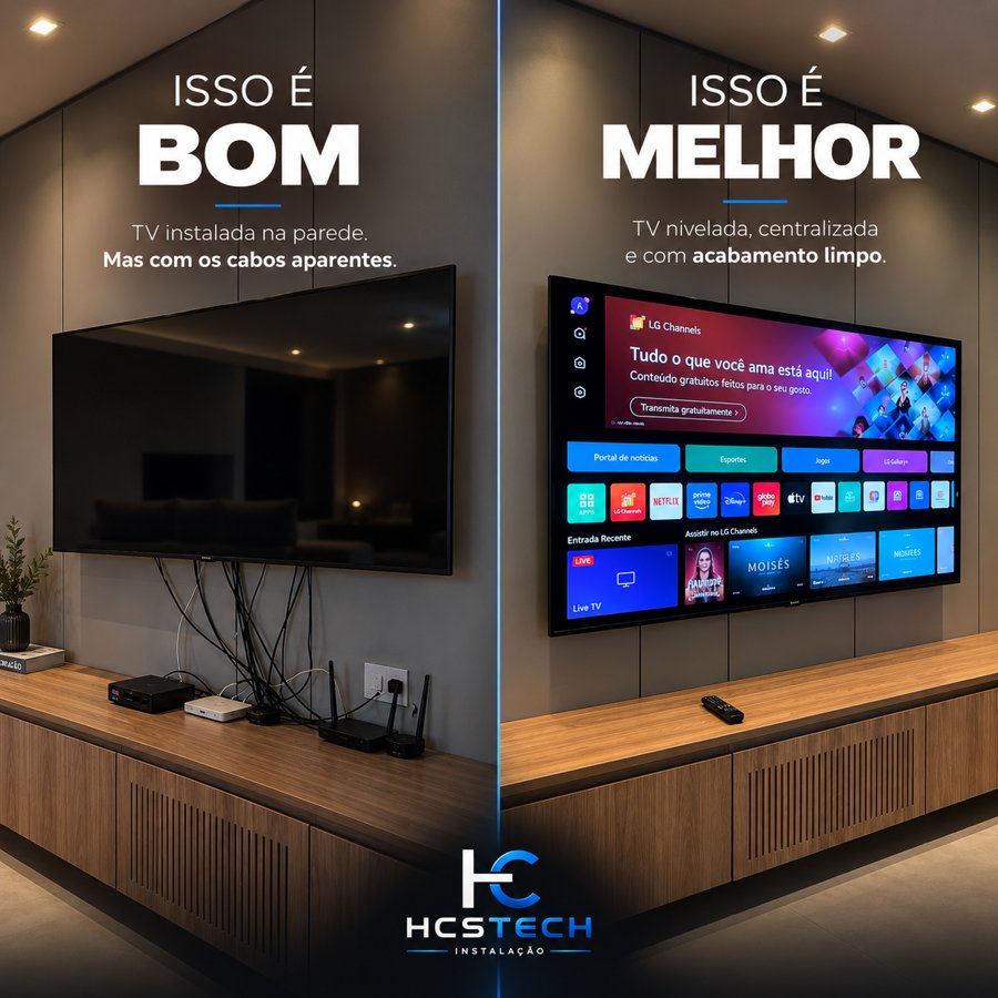 Comparativo de instalação de televisão com cabos aparentes e acabamento limpo realizado pela HCSTEC
